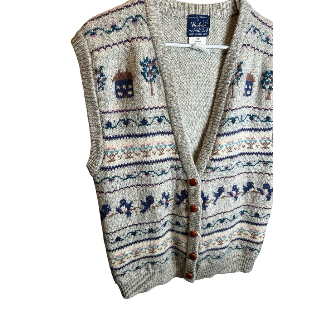 Vintage Woolrich Women Wool Fair Isle Cottage Bird Knit Vest Size Large - Picture 2 of 4